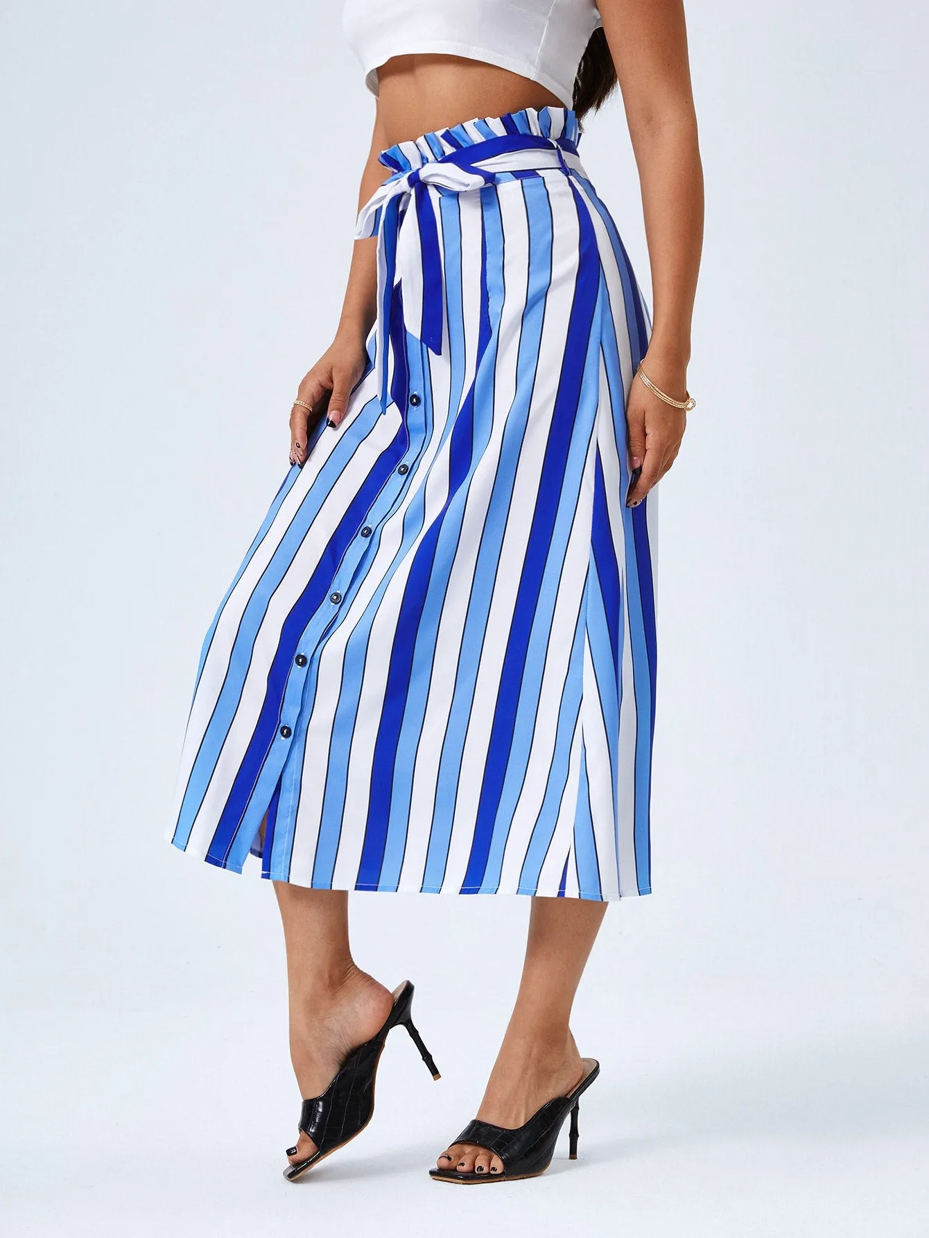 Casual Striped Paper Bag Waist High Waist Midi Women Skirt