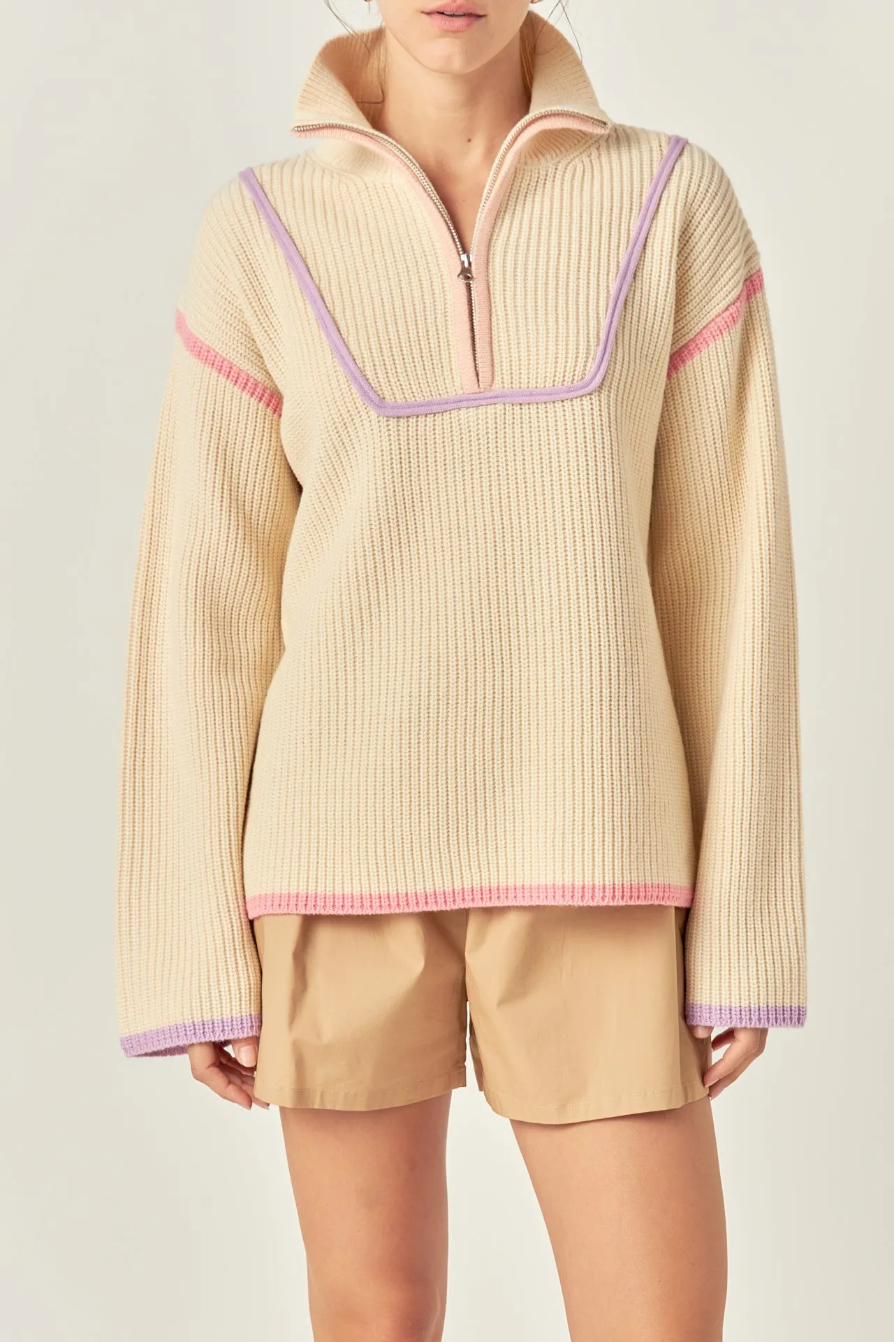 Contrast Piping Quarter-Zip Sweater