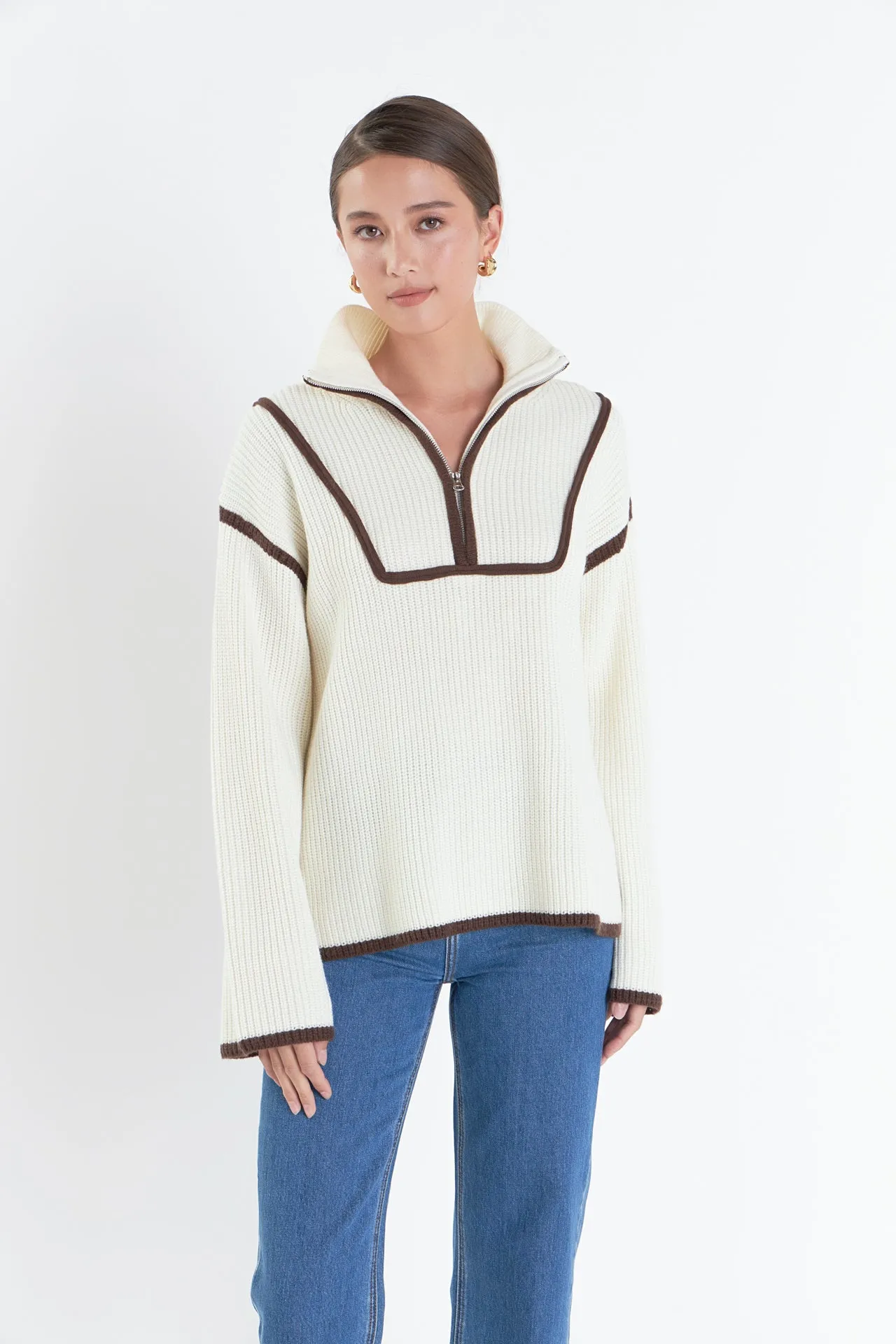 Contrast Piping Quarter-Zip Sweater