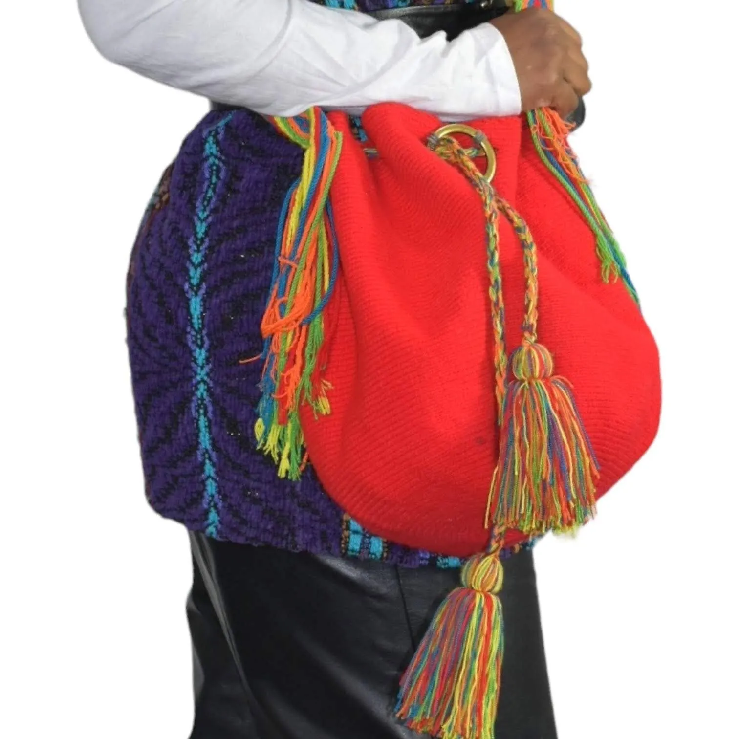 Crochet Bucket Bag Rainbow Red Crossbody Shoulder Susuu Artisan Colombian Wayuu Woven Drawstring