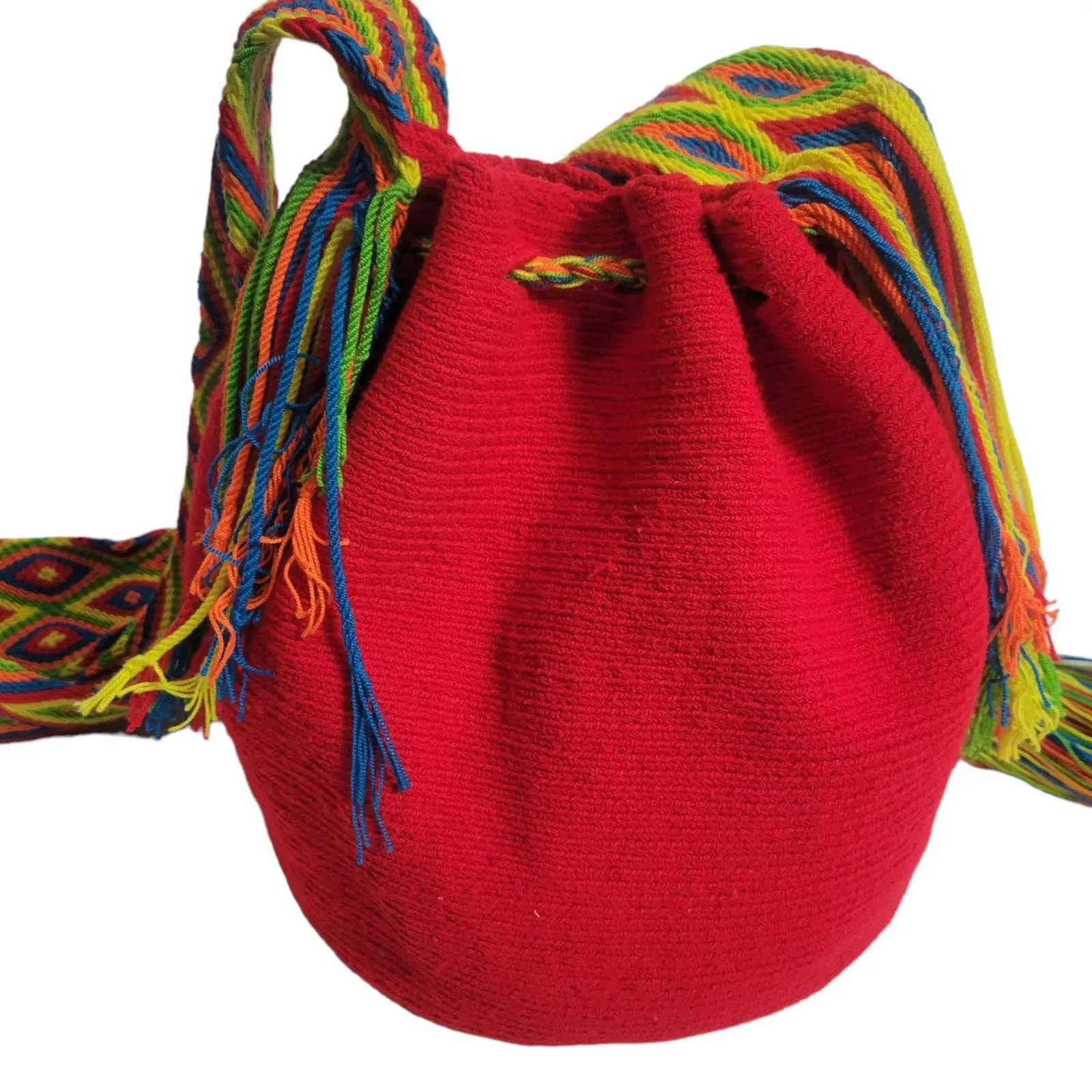 Crochet Bucket Bag Rainbow Red Crossbody Shoulder Susuu Artisan Colombian Wayuu Woven Drawstring