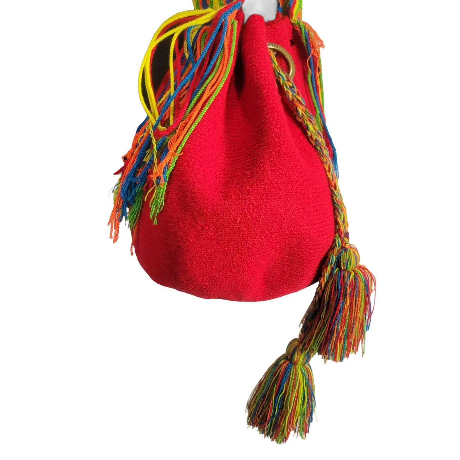 Crochet Bucket Bag Rainbow Red Crossbody Shoulder Susuu Artisan Colombian Wayuu Woven Drawstring