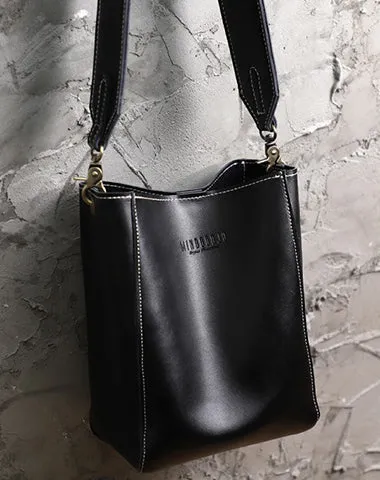 Cute Black LEATHER WOMEN Bucket SHOULDER BAG Barrel Crossbody Purses FOR WOMEN