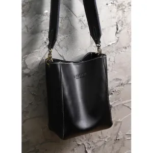 Cute Black LEATHER WOMEN Bucket SHOULDER BAG Barrel Crossbody Purses FOR WOMEN