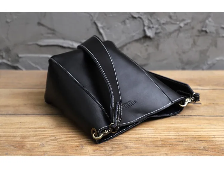 Cute Black LEATHER WOMEN Bucket SHOULDER BAG Barrel Crossbody Purses FOR WOMEN