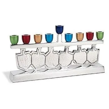 Dancing Dreidels Menorah with Multi-Colored Anodized Cups