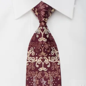 Daniel Hechter Men's Rhinestone Silk Tie Golden Damask On Burgundy With Sparkles