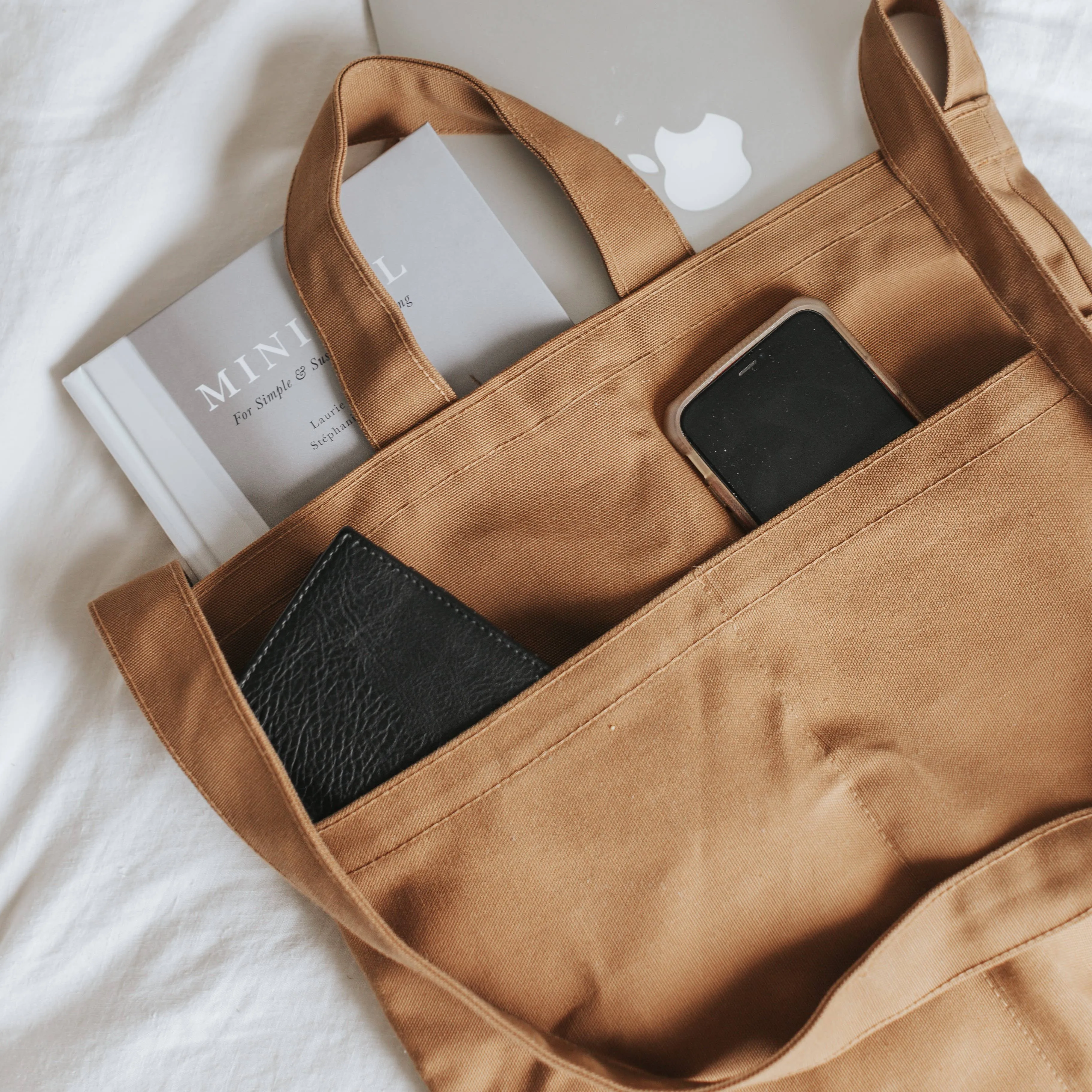 Double Pocket Canvas Tote Bag - Tobacco