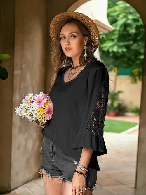 Double Take Plus Size Flower Crochet Flare Sleeve Top