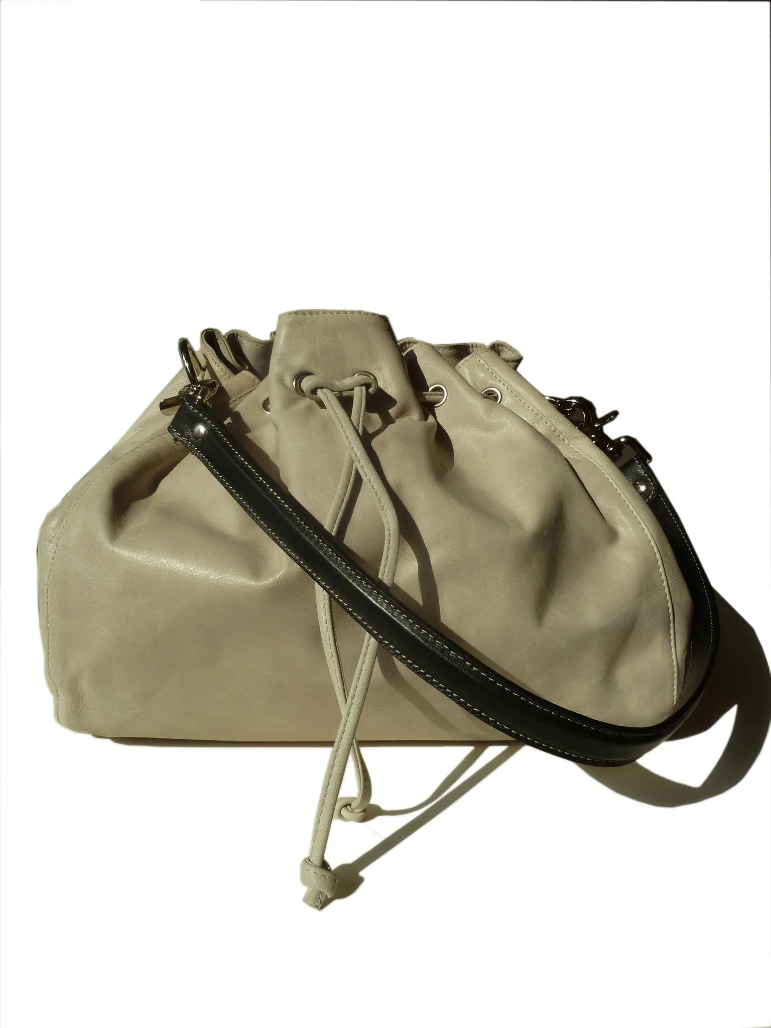 Drawstring Hobo Pouch Bag Napa Leather Grey Beige