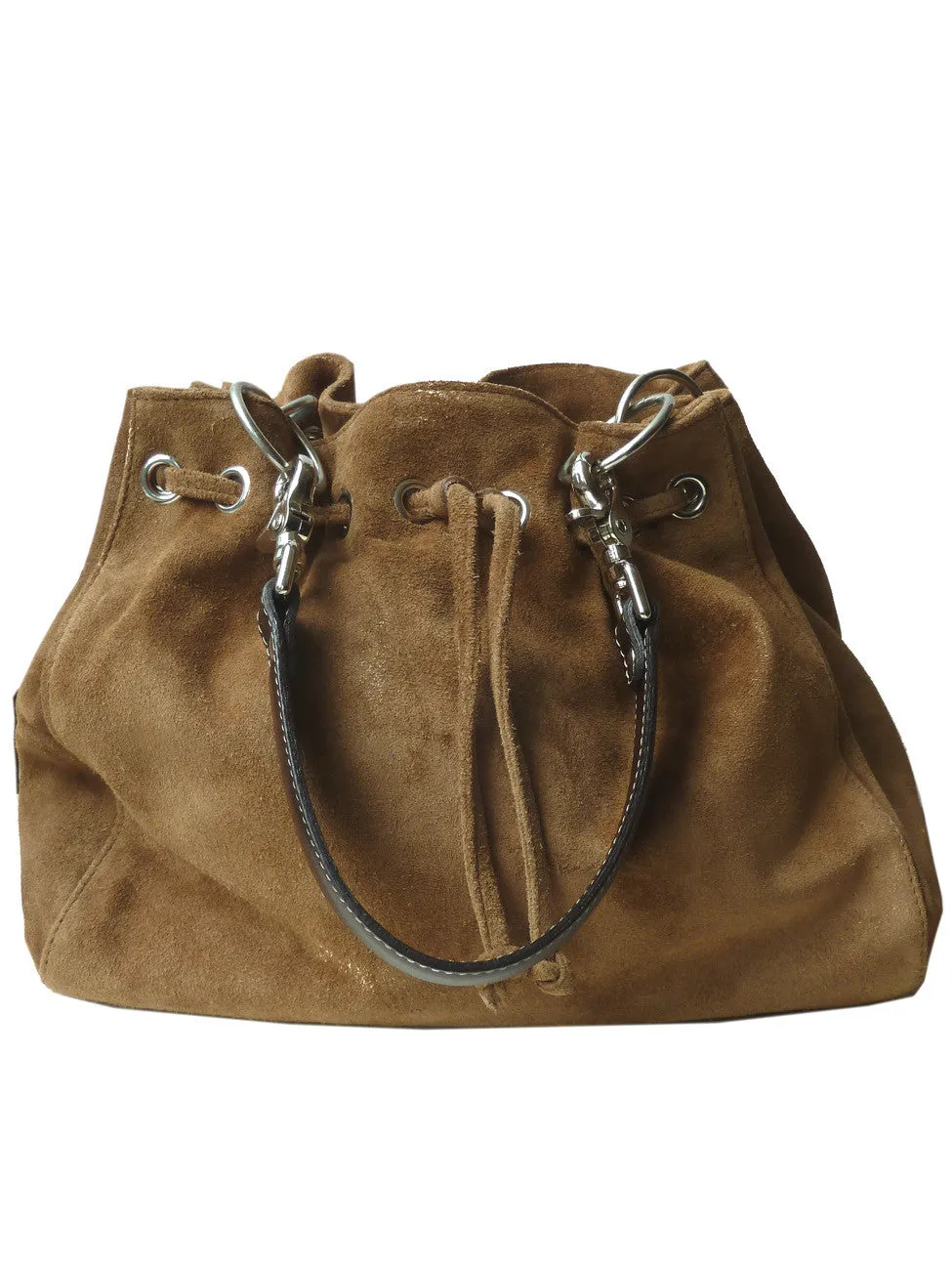 Drawstring Hobo Pouch Bag Napa Leather Grey Beige