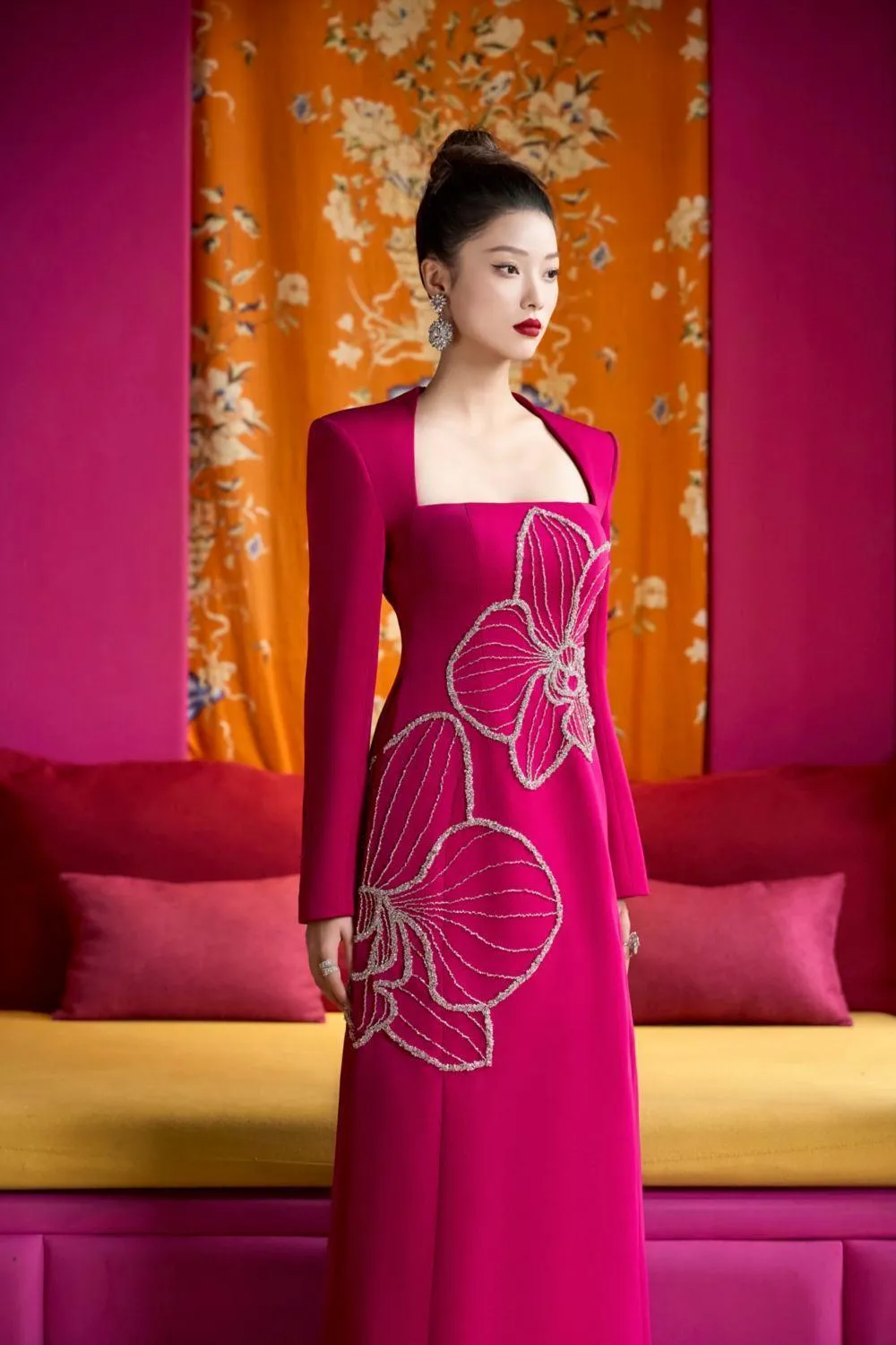 Elegyn A-line Queen Anne Neck Velvet Satin Floor Length Ao Dai