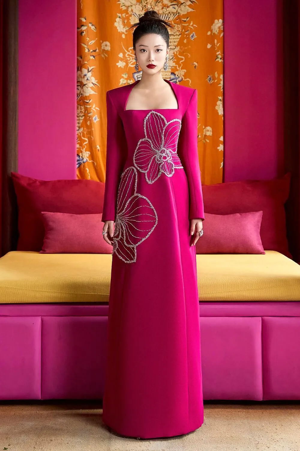 Elegyn A-line Queen Anne Neck Velvet Satin Floor Length Ao Dai