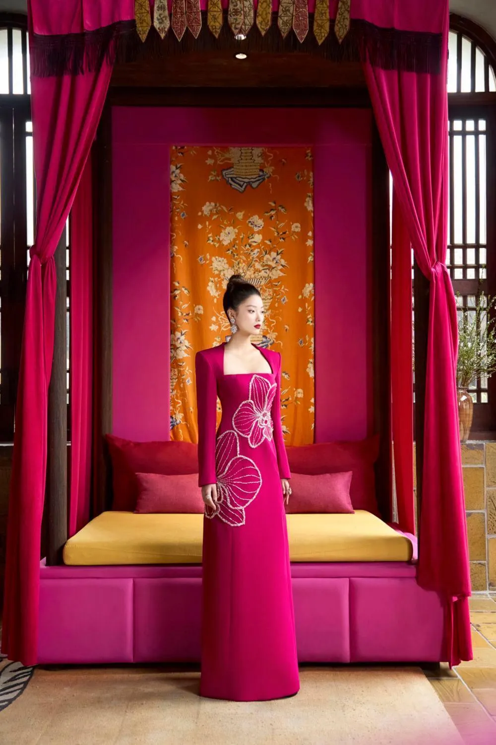 Elegyn A-line Queen Anne Neck Velvet Satin Floor Length Ao Dai