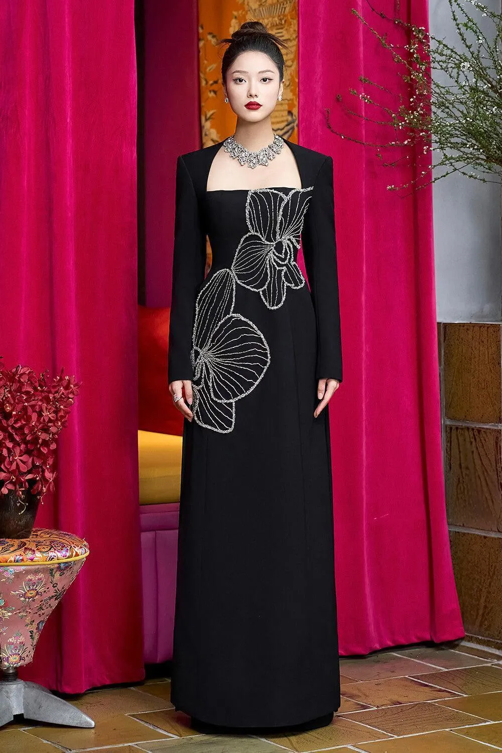 Elegyn A-line Queen Anne Neck Velvet Satin Floor Length Ao Dai