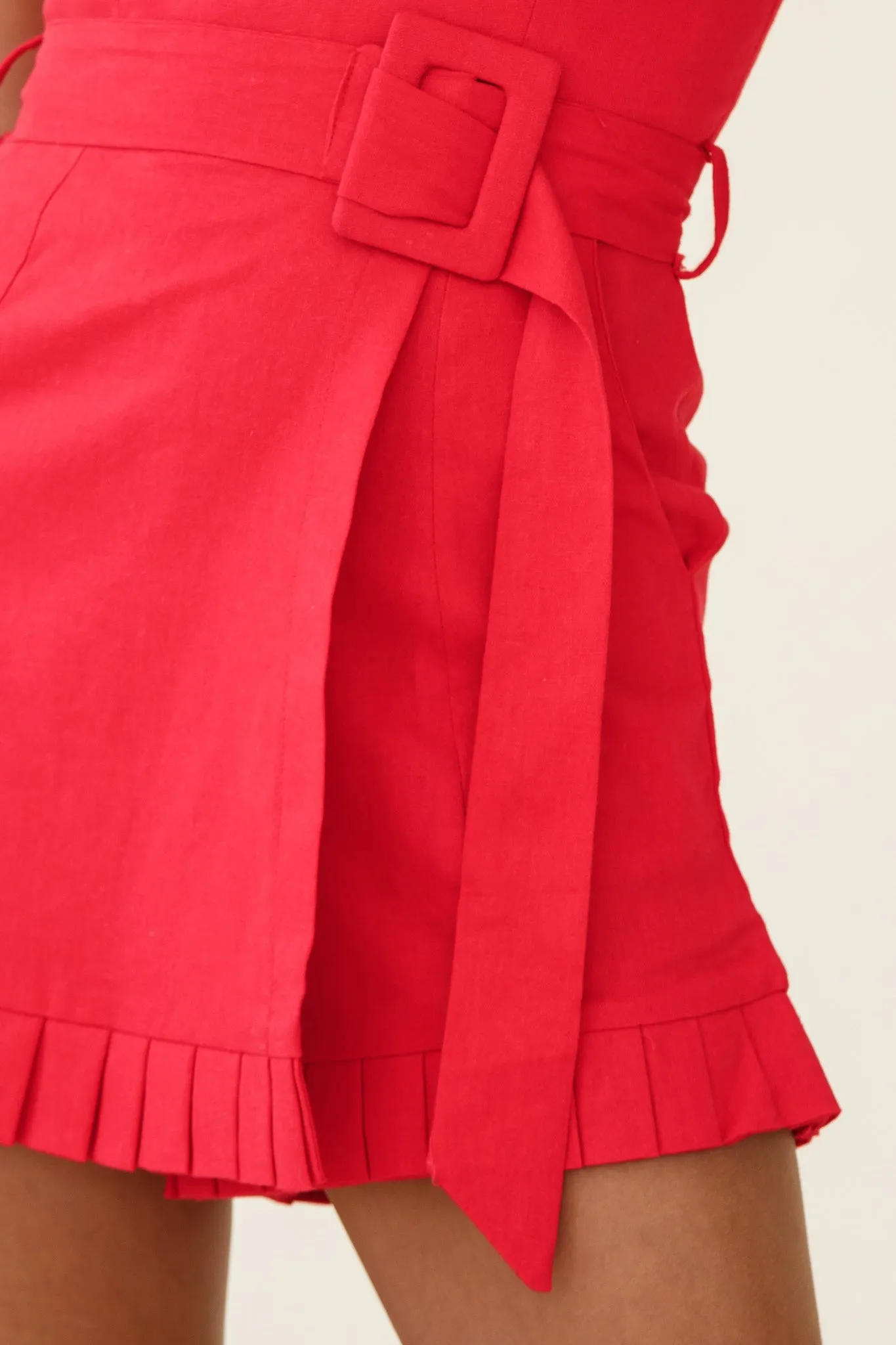 Elodie Pleat Trim Belted Skort Romper Red