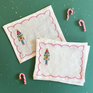 Embroidered Nutcracker Linen Cocktail Napkins/Coasters, Set of 4