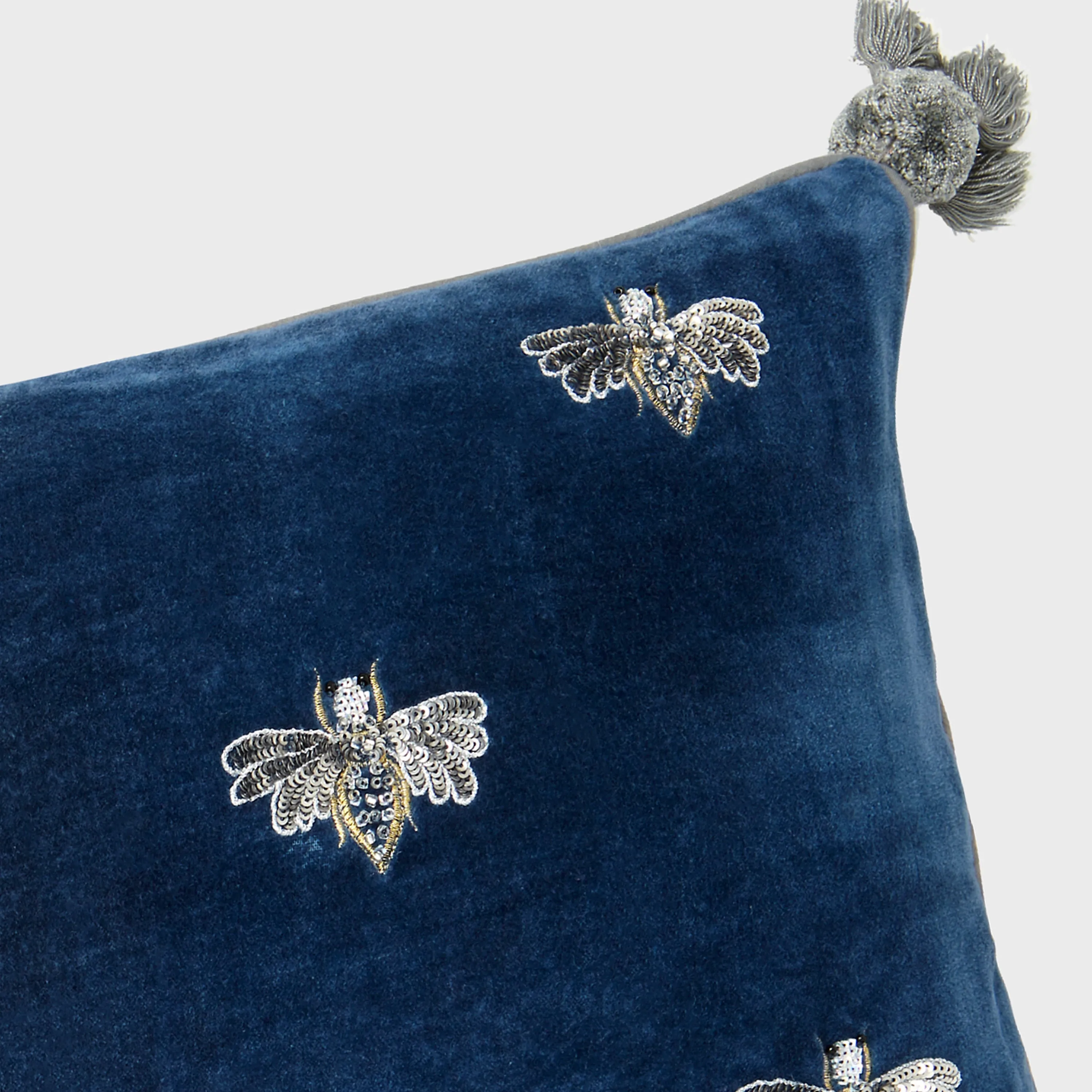 Embroidered pretty bug pillow, slate blue cotton velvet