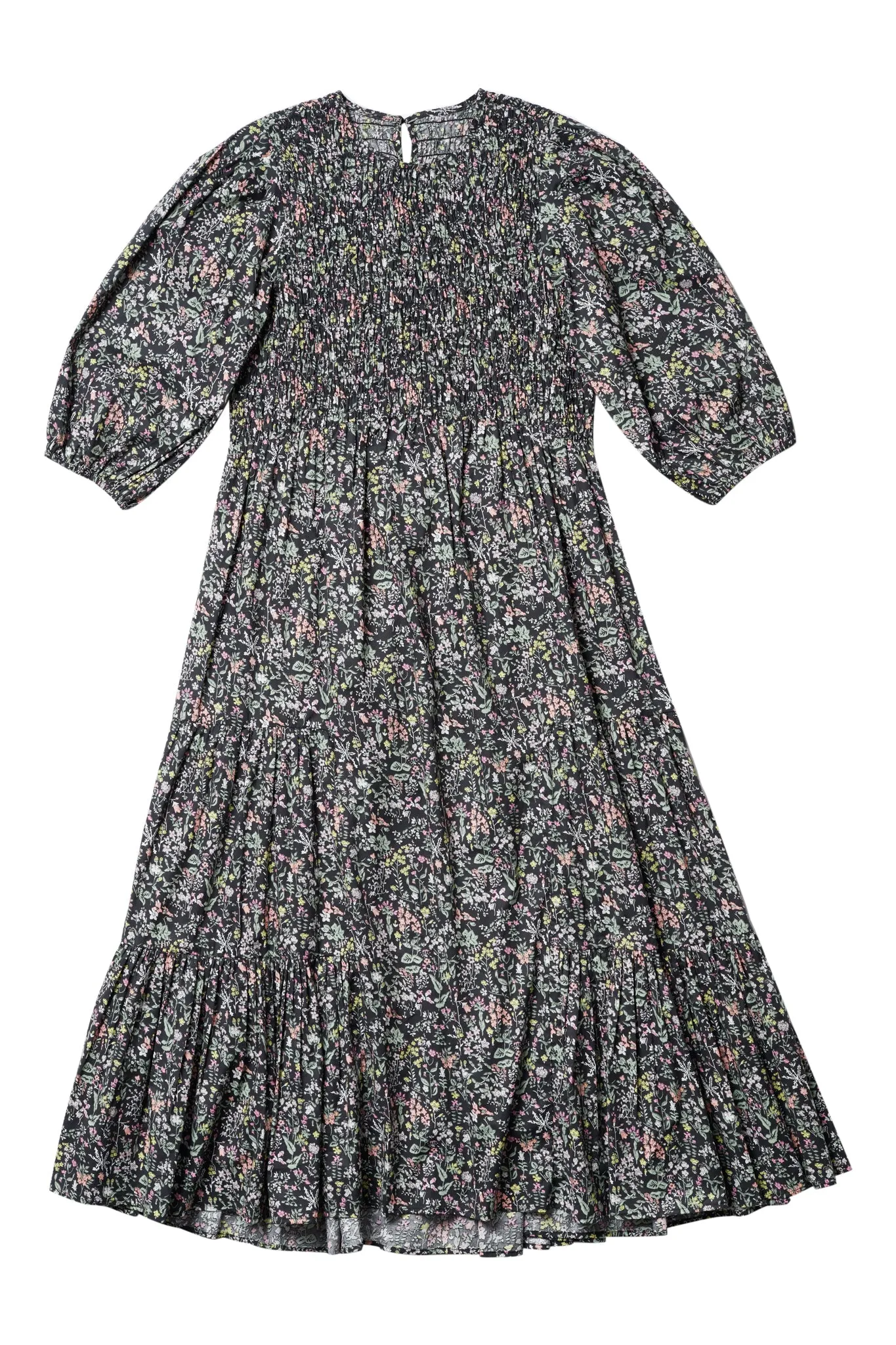 EOE Vanessa Black Floral Printed Smocked Midi Dress