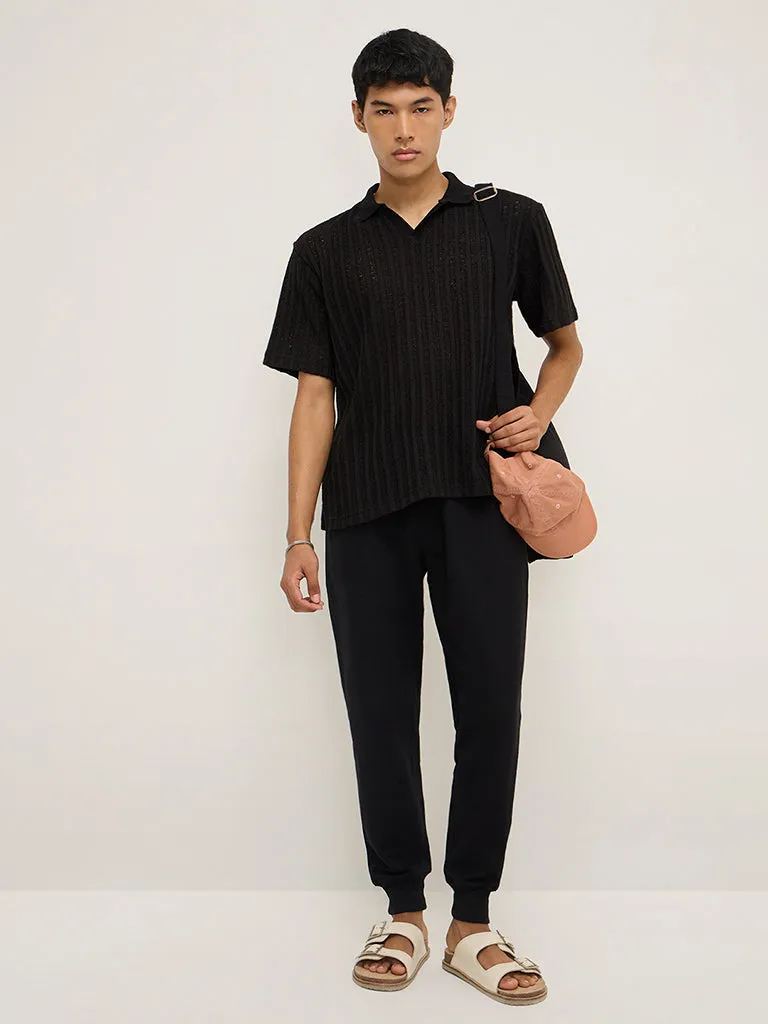 ETA Black Knit-Textured Relaxed-Fit Polo T-Shirt