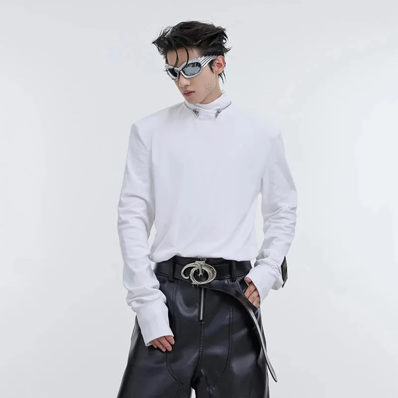 Fashion Men's T-shirts Long Sleeve Niche Metal Zip Stand Collar Shoulder Pad Top Solid Color Slim Male Tops 9C3060