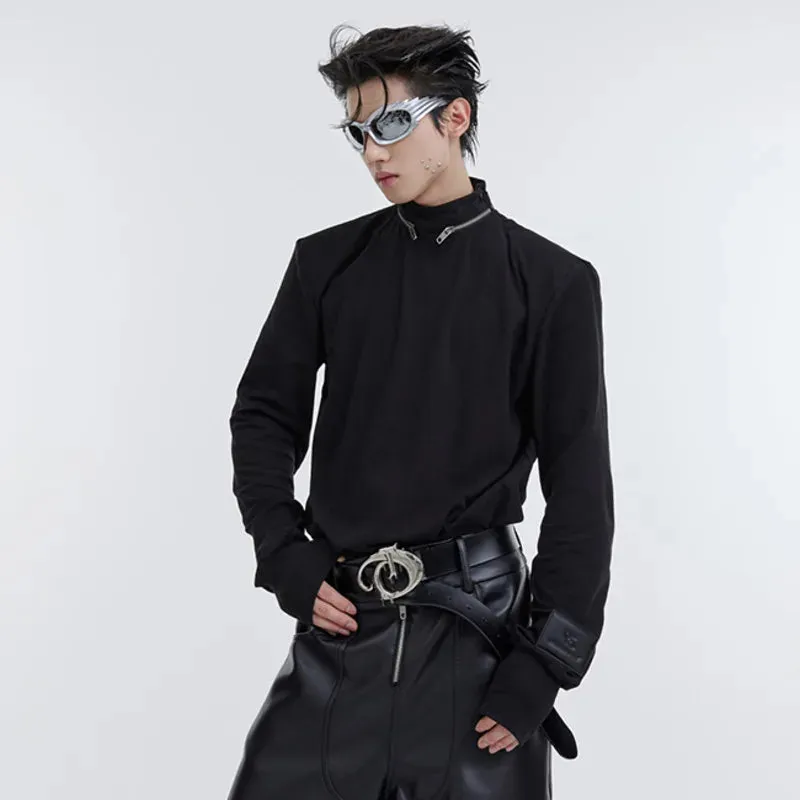 Fashion Men's T-shirts Long Sleeve Niche Metal Zip Stand Collar Shoulder Pad Top Solid Color Slim Male Tops 9C3060