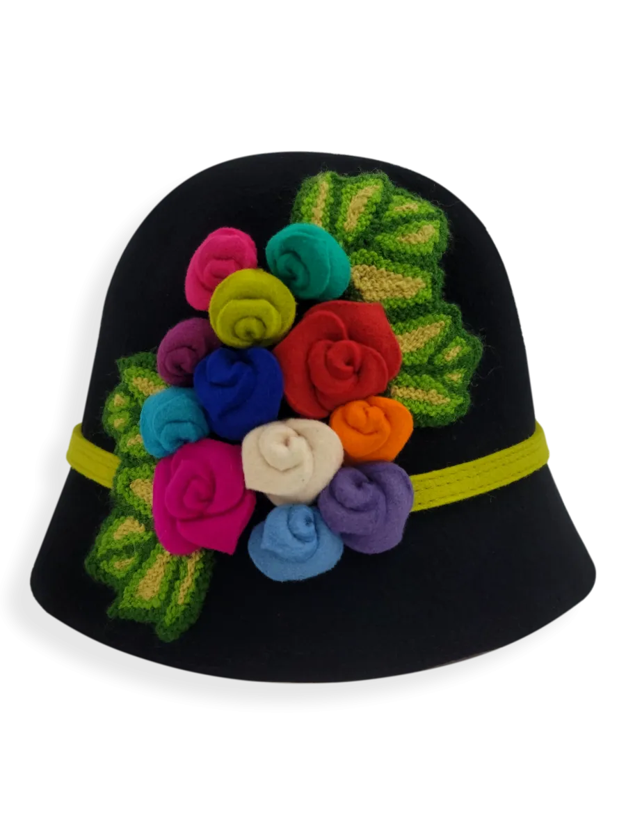 Felt Cloche Hat with Multi Flowers Appliqué