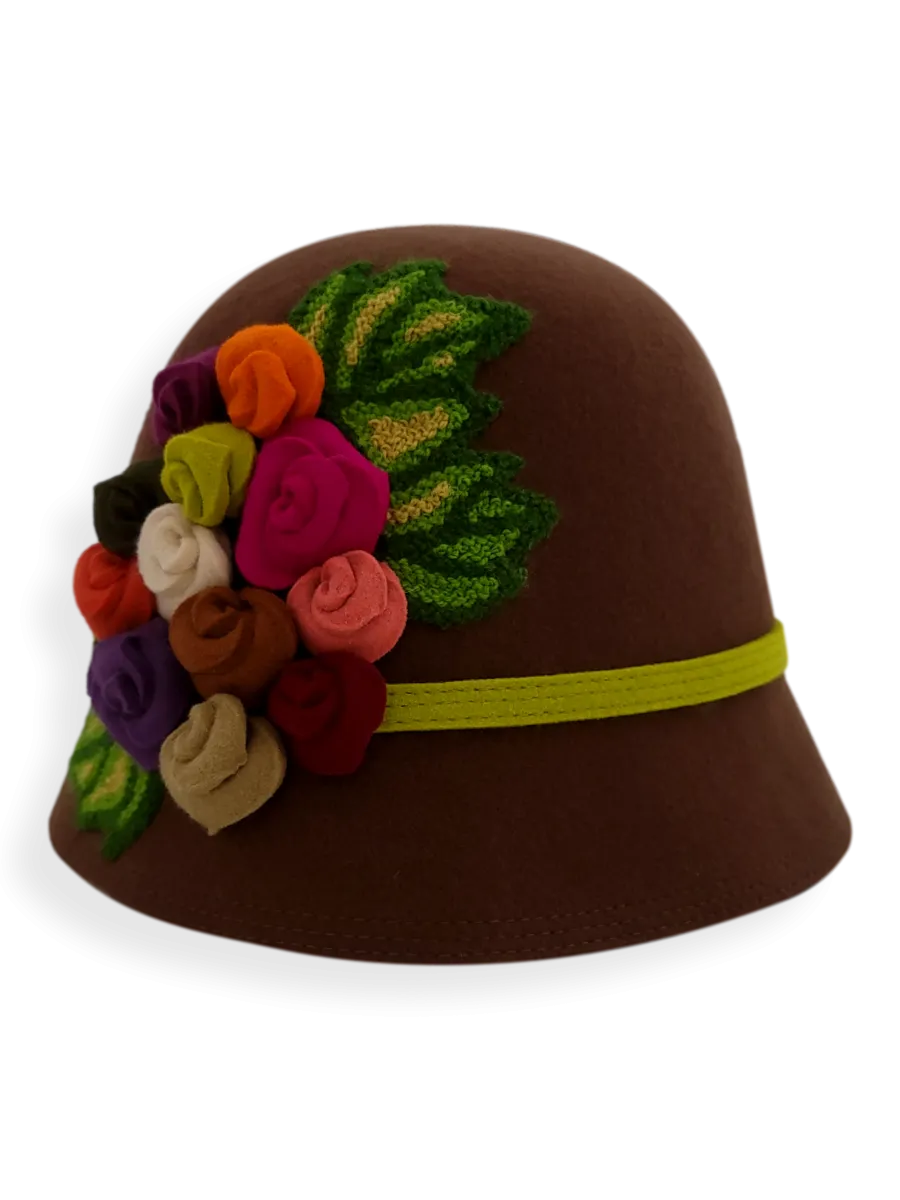 Felt Cloche Hat with Multi Flowers Appliqué