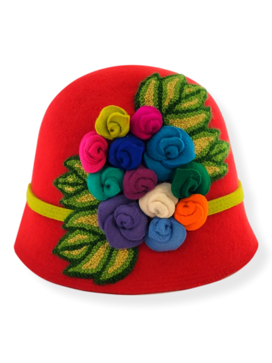 Felt Cloche Hat with Multi Flowers Appliqué