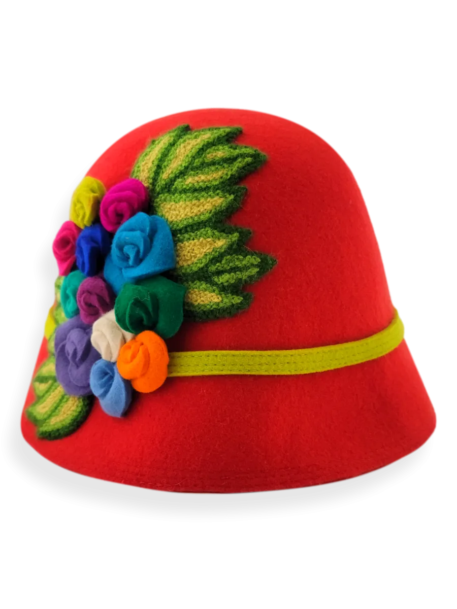 Felt Cloche Hat with Multi Flowers Appliqué