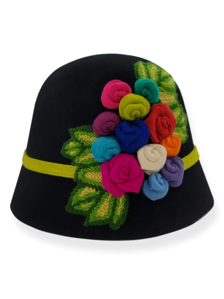 Felt Cloche Hat with Multi Flowers Appliqué