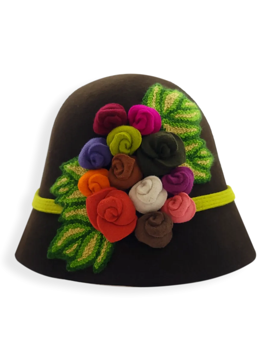 Felt Cloche Hat with Multi Flowers Appliqué