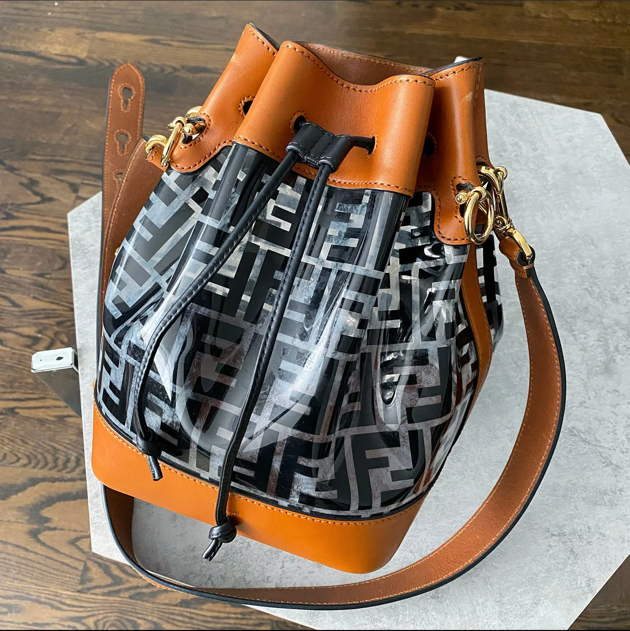 Fendi PVC Zucca and Tan Leather Grande / Large Mon Tresor Bucket Bag