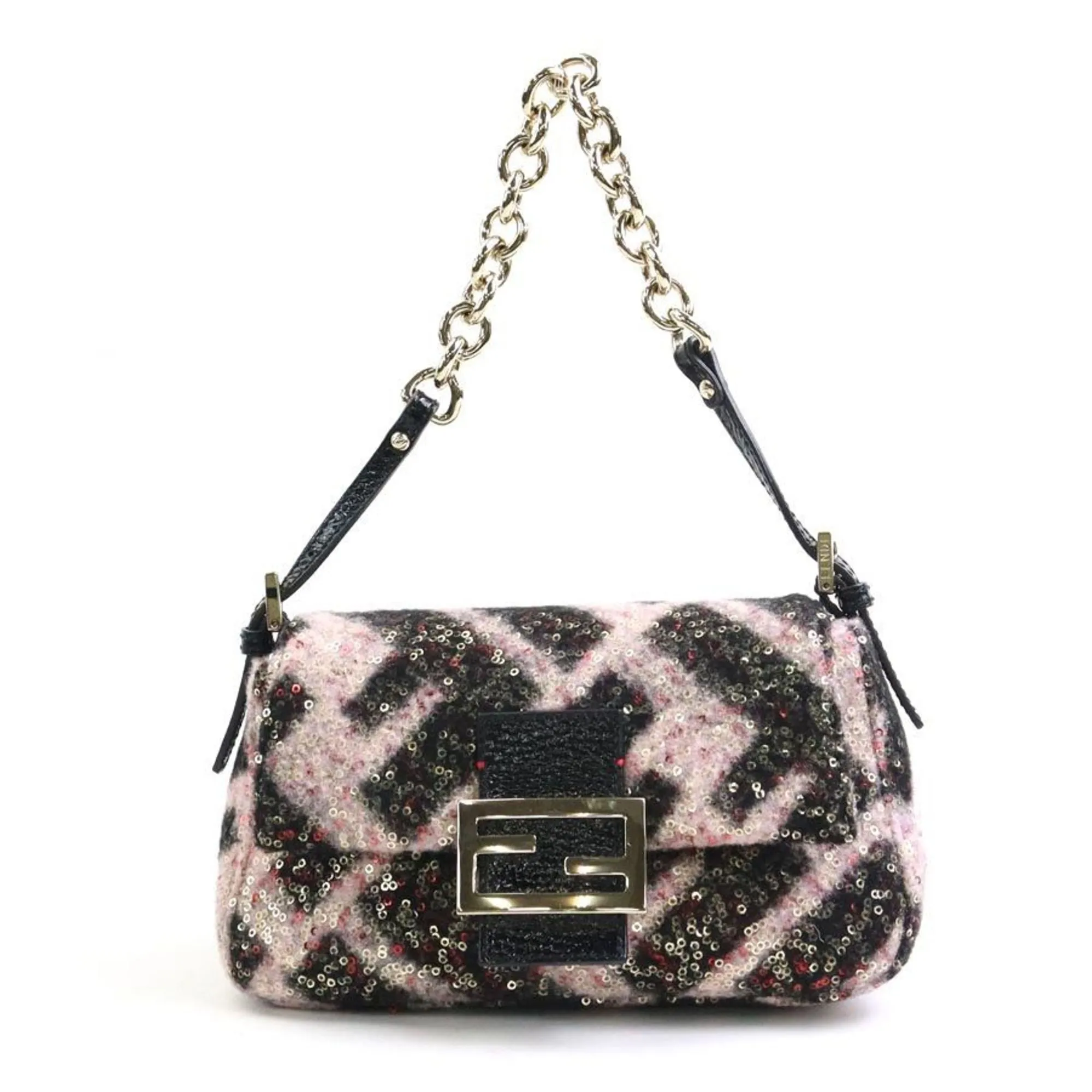 FENDI Shoulder Bag Mini Mamma Bucket Wool/Sequins/Patent Leather Black/Pink/Gold Women's e55935f