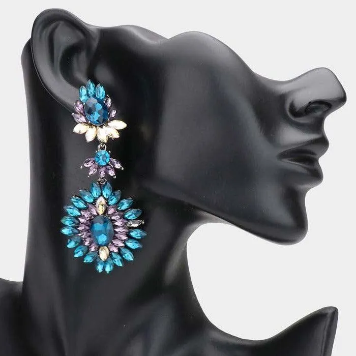 Floral Marquise Multi Colored Stone Cluster Evening Earrings