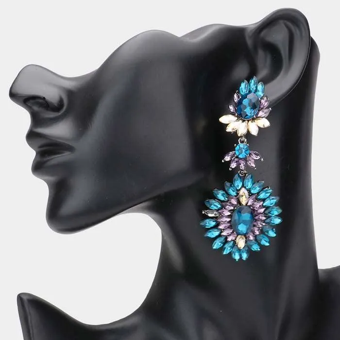 Floral Marquise Multi Colored Stone Cluster Evening Earrings