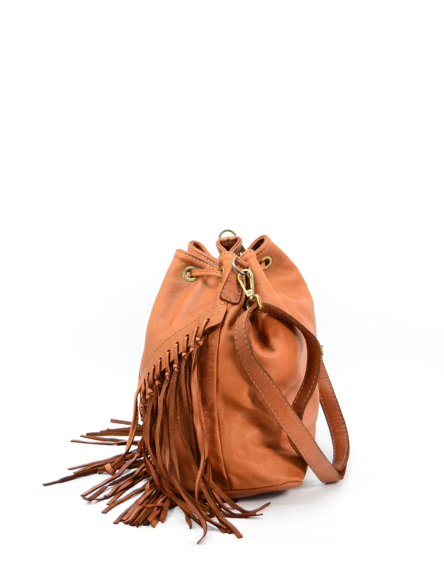 FRAZI● Fransen Bucket Bag aus weichem Leder. Schwarz, Cognac