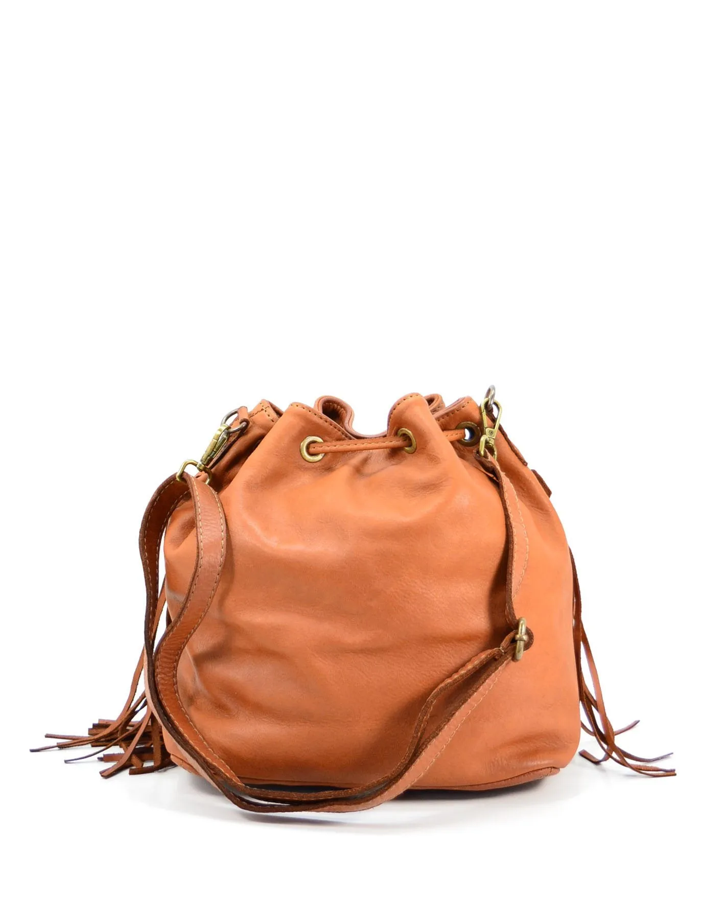 FRAZI● Fransen Bucket Bag aus weichem Leder. Schwarz, Cognac