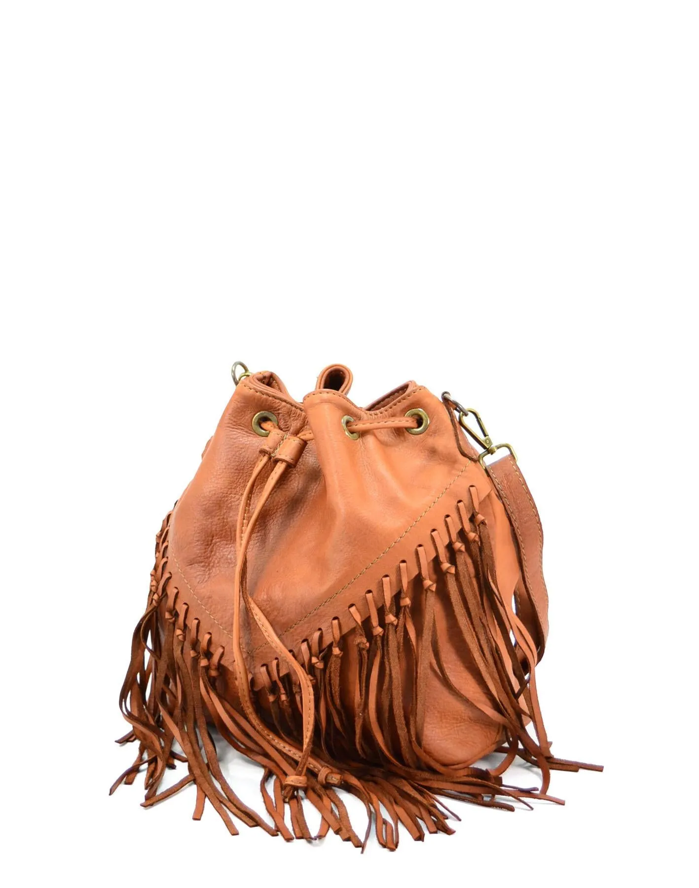 FRAZI● Fransen Bucket Bag aus weichem Leder. Schwarz, Cognac