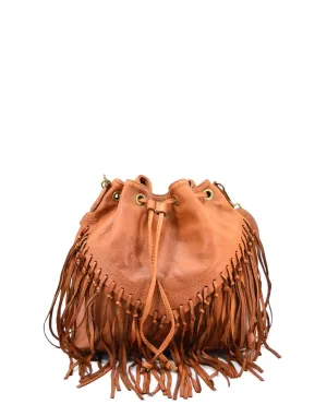 FRAZI● Fransen Bucket Bag aus weichem Leder. Schwarz, Cognac