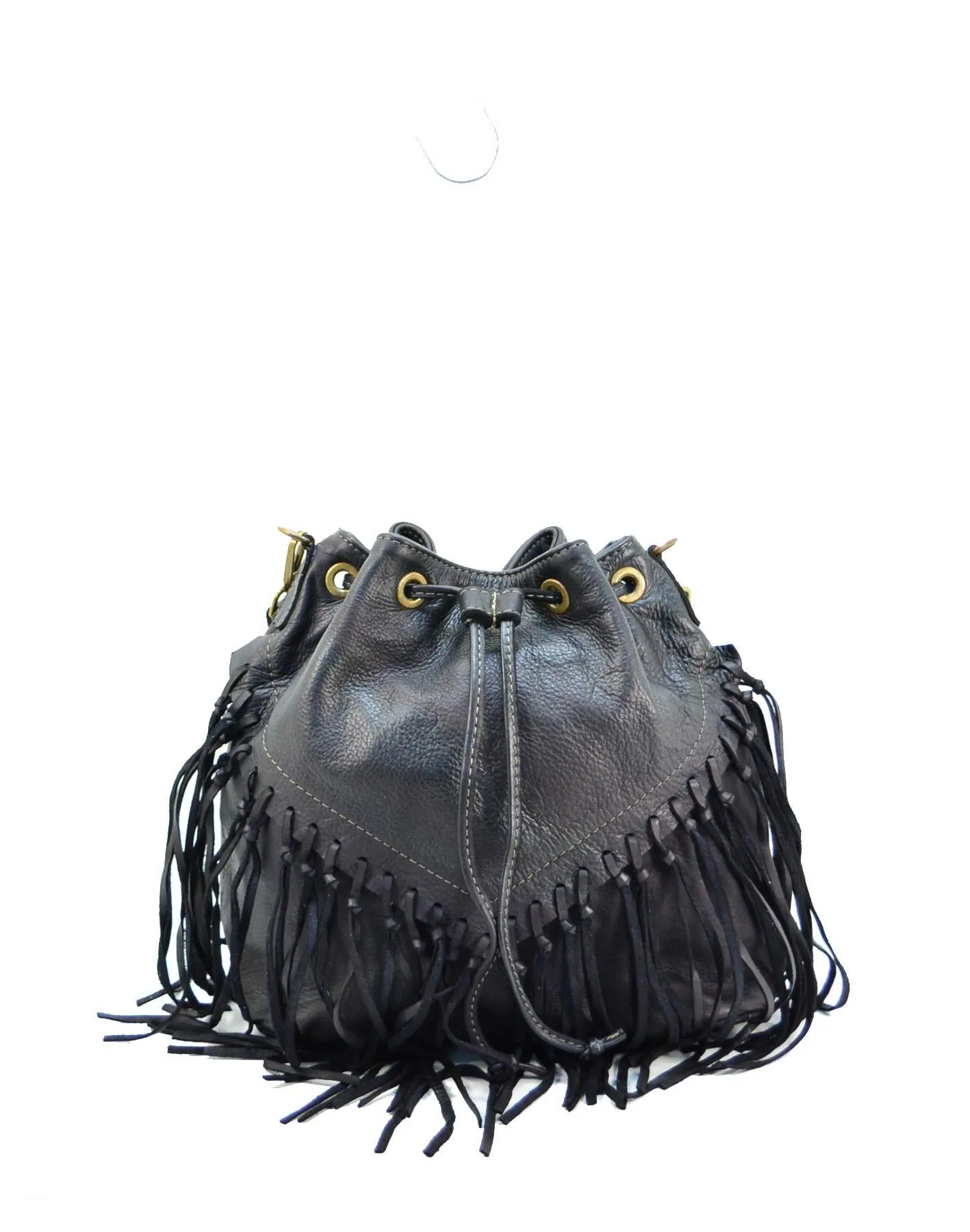 FRAZI● Fransen Bucket Bag aus weichem Leder. Schwarz, Cognac