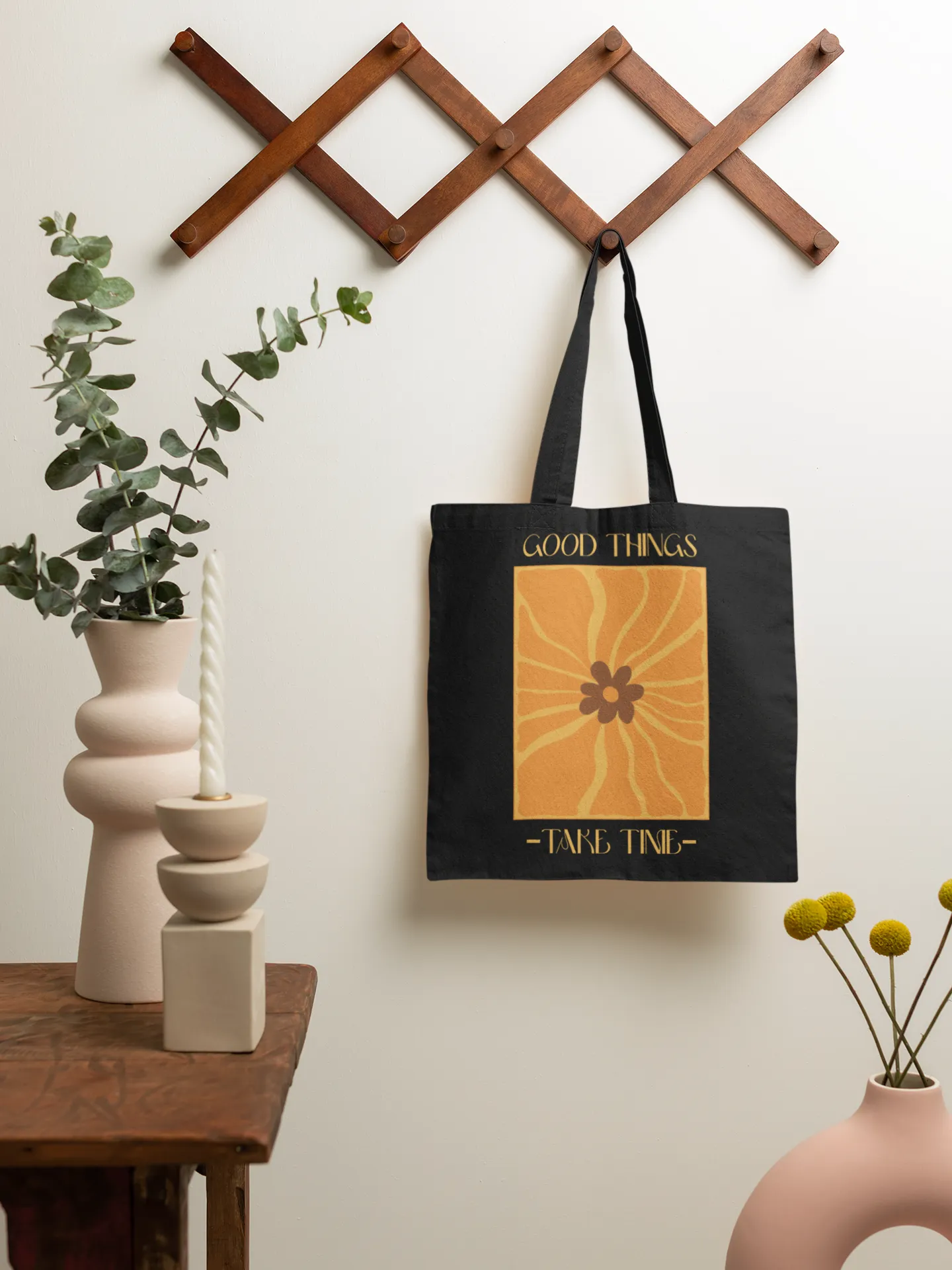 Good Things Take Time  Printed Black Tote Bag