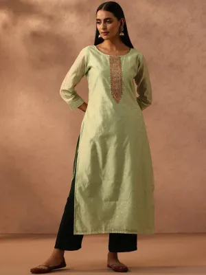 Green Embellished Chanderi Silk Straight Kurta