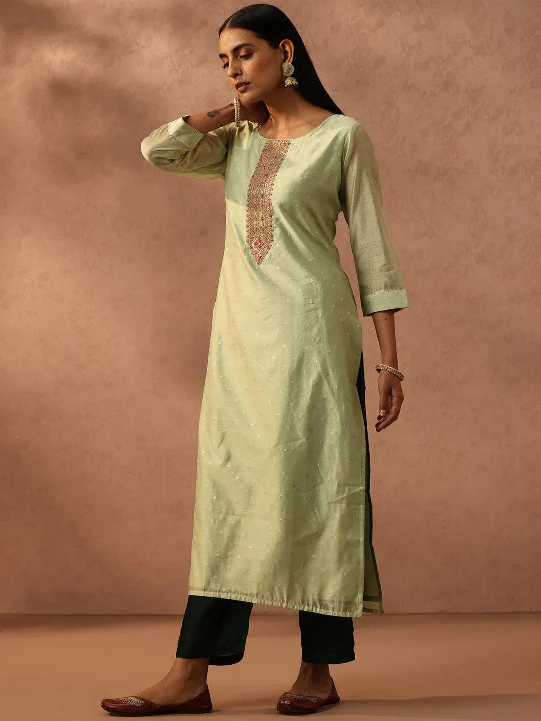 Green Embellished Chanderi Silk Straight Kurta