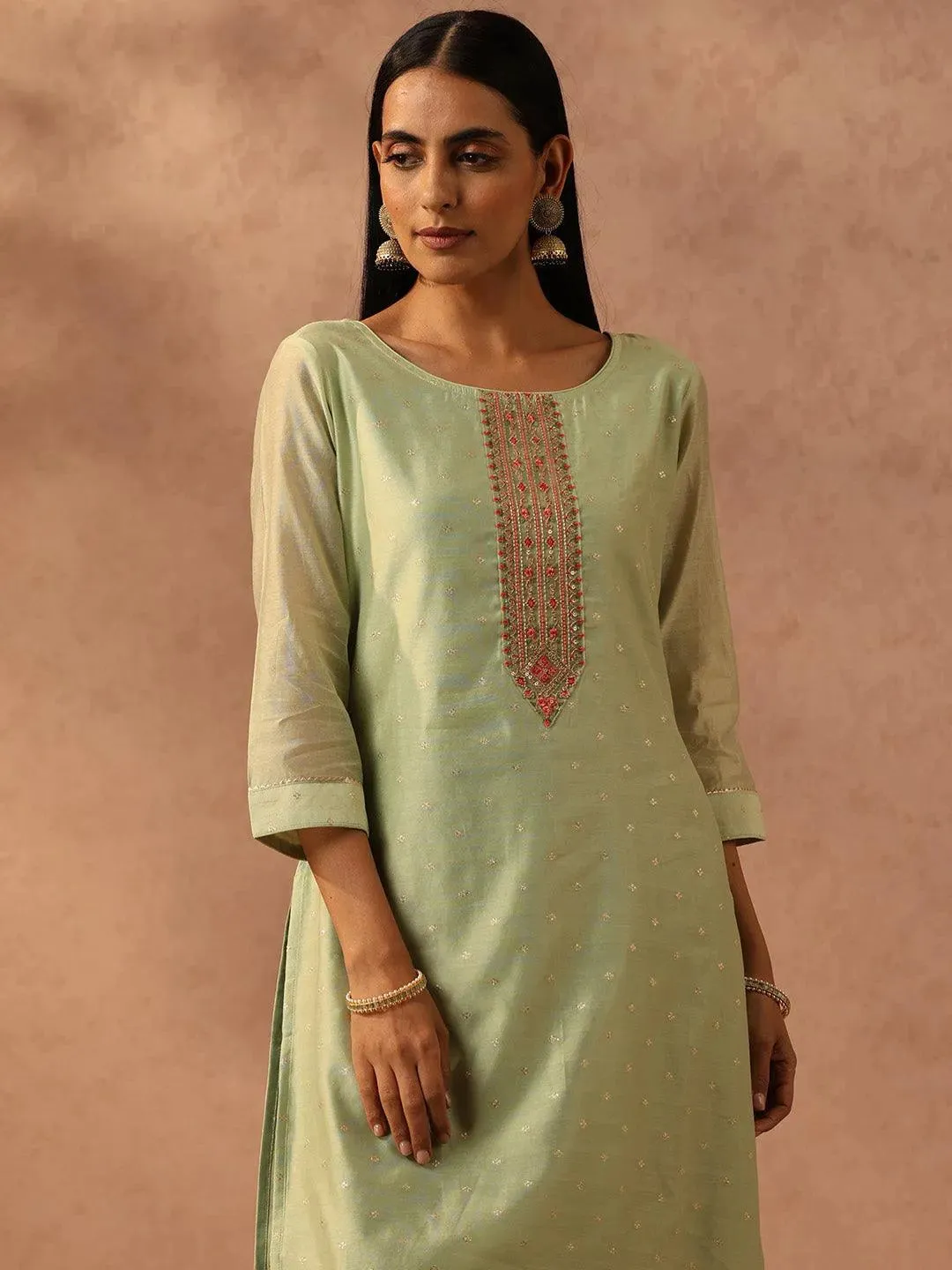 Green Embellished Chanderi Silk Straight Kurta