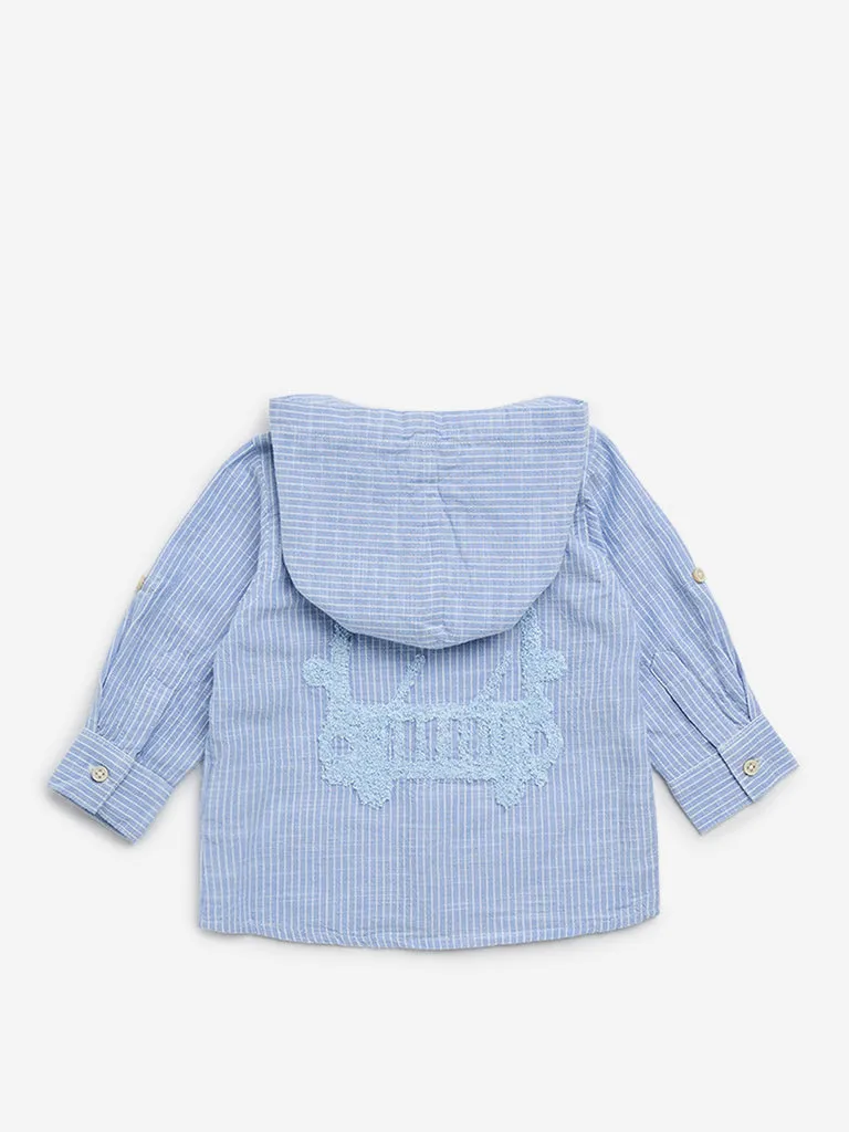 HOP Baby Blue Stripe Printed Hooded Cotton Shirt