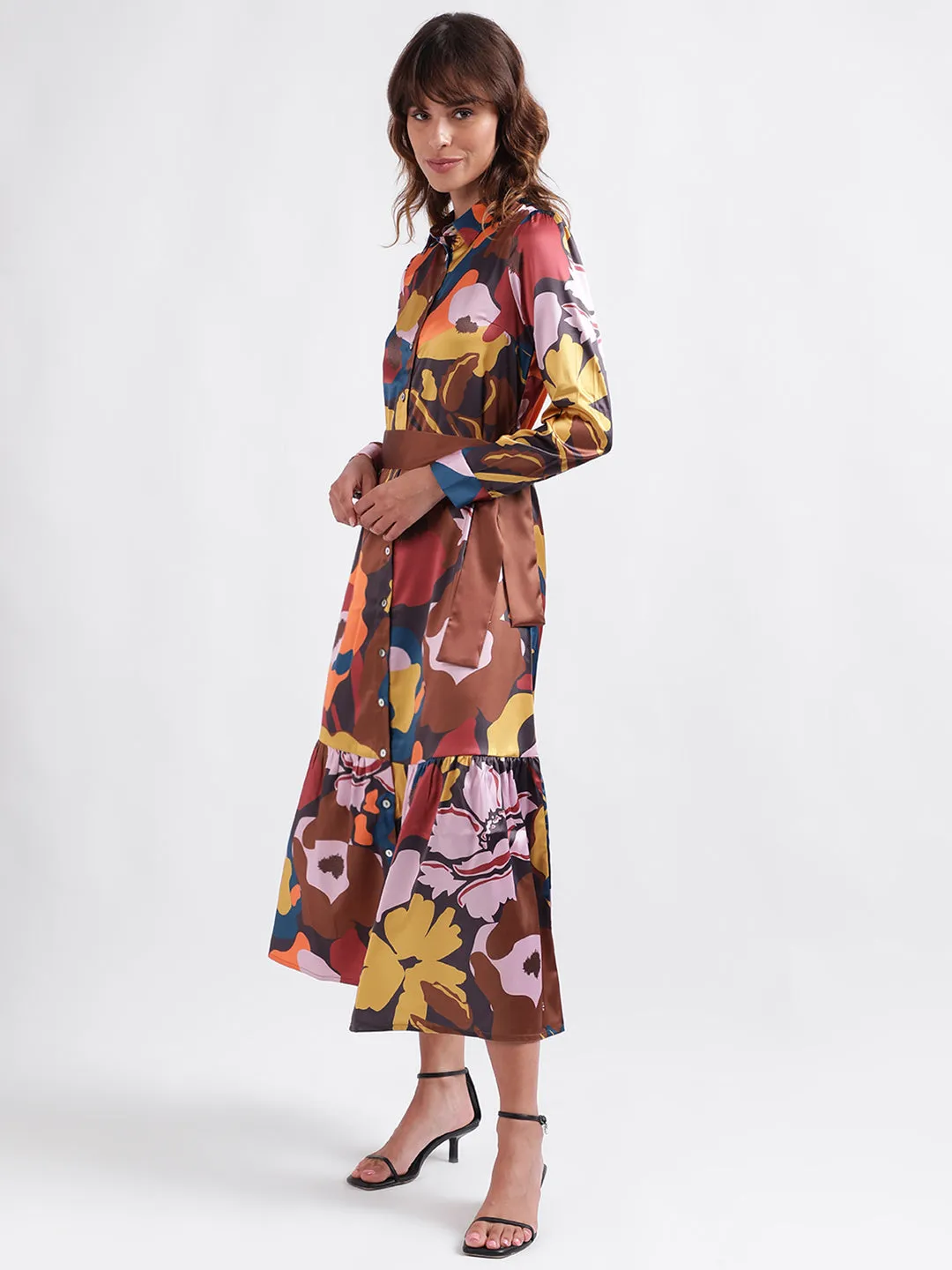 Iconic Women Multicolor Printed Shirt Collar Full Sleeves Dress