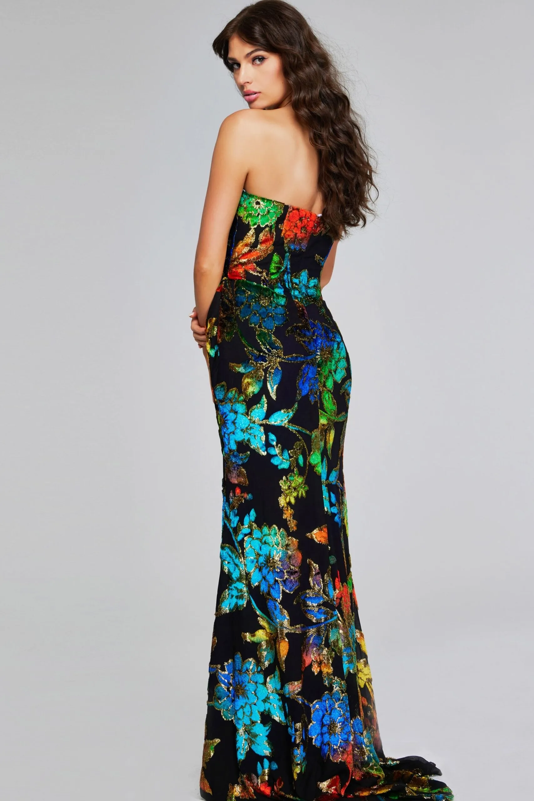 Jovani - 42164 - Strapless Floral Gown with Chiffon Fabric