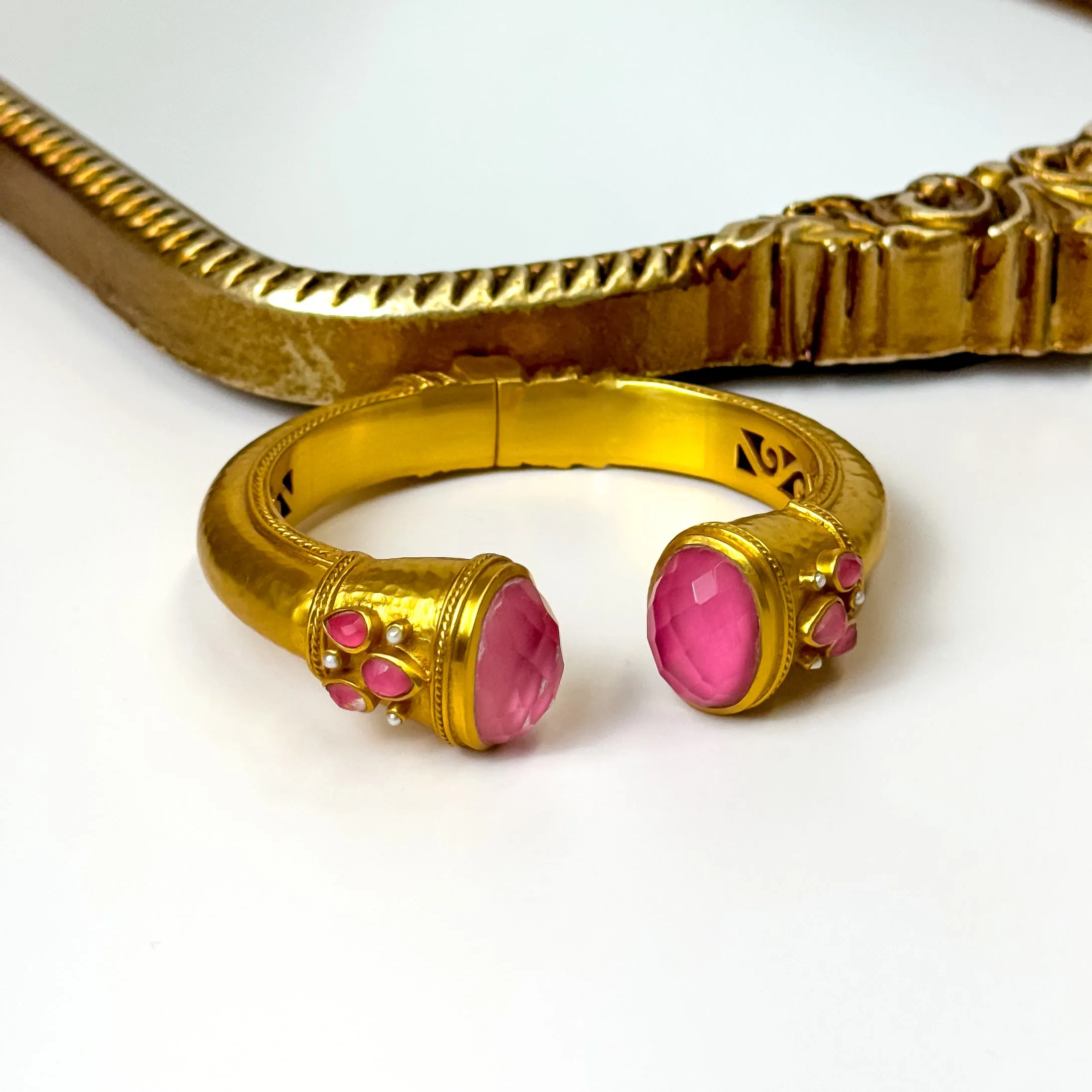 Julie Vos | Cannes Cuff Bracelet with Iridescent Peony Pink Crystals in Gold