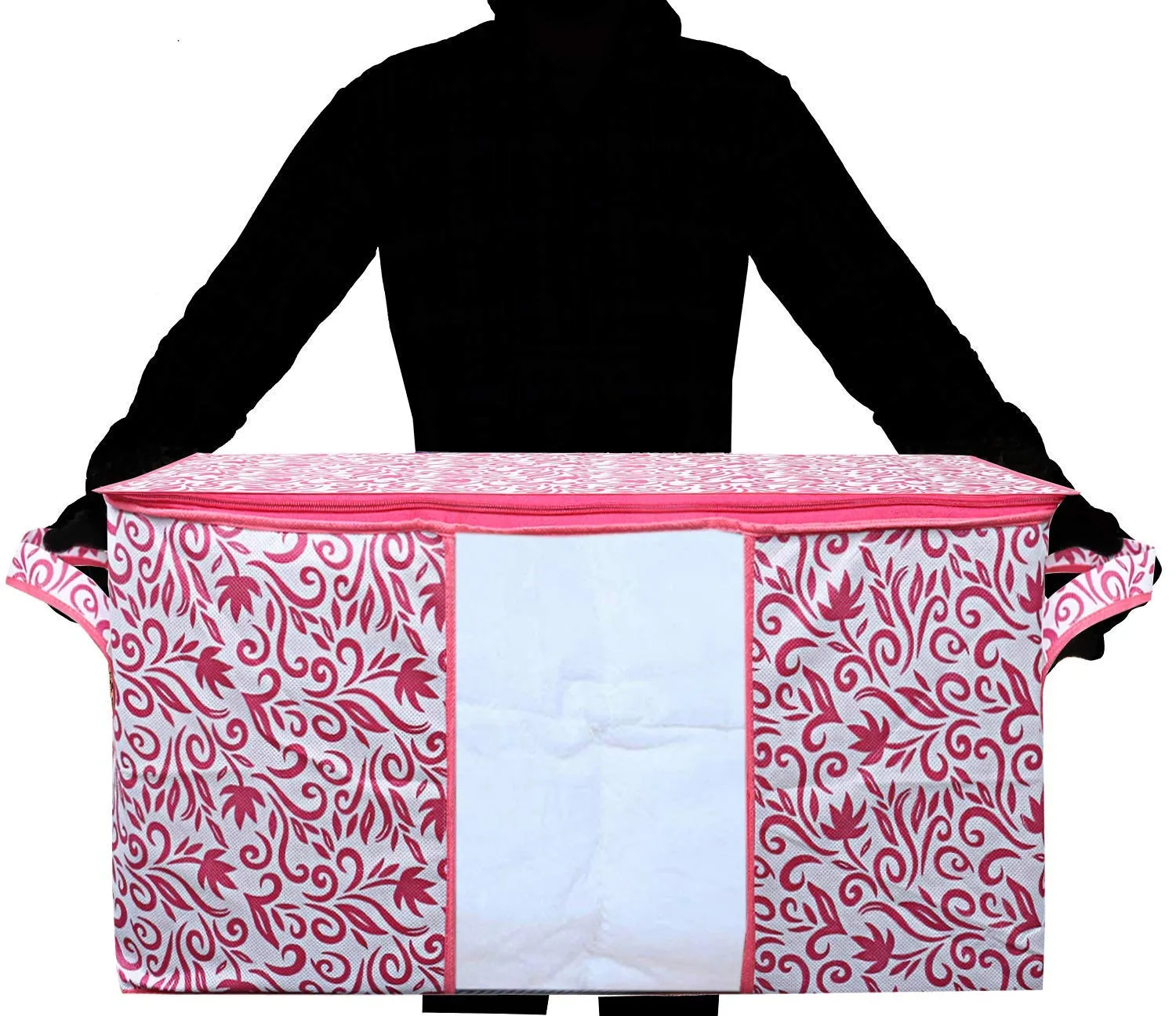 Kuber Industries Leaf Design 6 Piece Non Woven Underbed Storage Bag,Storage Organiser,Blanket Cover with Transparent Window,Extra Large, Pink -CTKTC034489